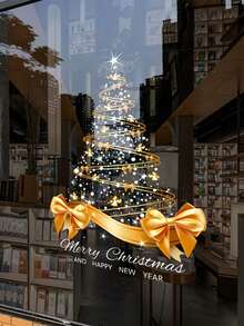 1pc Gold Christmas Tree Sticker DIY Merry Christmas Sticker Window Glass Door Static Cling, Window Decal, Glass Decoration, Holiday Pattern, Modern Style, Easy To Apply Without Glue, Seasonal Sticker, Holiday Gift, Holiday Shopper - Multicolor - View 7