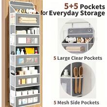 FF FINESSE THING 5-Tier Door Hanging Storage Organizer, Heavy-Duty Non-Woven With 5 Large Pockets & Hooks, Vertical Space Saver For Bathroom Wardrobe Bedroom Dorm, Holds Cosmetics, Toiletries, Towels & Cutlery - 灰色-5層10口袋 - 查看 6