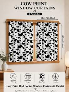 NOSBEI 1 Set Of 2 Pieces, White And Brown Cow Print Rustic Farmhouse Curtains, Faux Leather Texture, Semi-Sheer Privacy Protection, Bedroom/Living Room Decor - Black and White - View 9