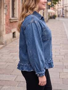 Women's Plus Size Traceable Cotton Ruffle Trim Elegant Denim Jacket Coat Autumn Top Casual - Blue - View 3