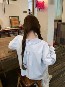 Korean Style Spring New Solid Color Top With Bowknot And Lace Design, Sweet Preppy Blouse - Blue - View 8