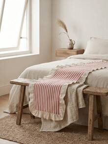 1pc Red & White Striped With Beige Ruffle Edge Table Runner, Natural Rustic Style, Long Rectangular Shape With Ruffle Edge Detail, Decorative Functional Dining Table Runner Suitable For Tea Ceremony Arrangement And Natural Home Decor Scenes - Red - View 3