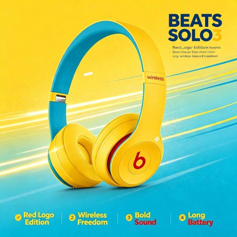 Headset Nirkabel On-Ear Beats Solo3, Desain Lipat Ringkas untuk Mudah Dibawa, Pilihan Warna Cerah dan Modis, Konektivitas Bluetooth yang Andal, Headphone Ringan yang Dapat Dipakai untuk Gaya Jalanan, Pelajar & Pecinta Musik