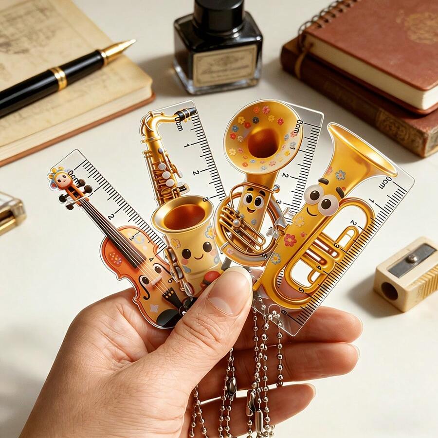 4pcs Musical Instrument Shaped Ruler With Beaded Chain, Transparent Portable Pocket Ruler/Handheld Ruler, Cute Cartoon Style Stationery, Can Be Hung On Backpack Or Pencil Case, Very Convenient Measuring Tool - Sets - View 1