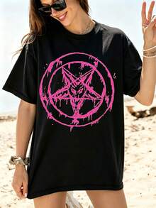 Pink Pentagram Baphomet T-Shirt 100% Cotton For Women Summer Gothic Oversized Graphic Short Sleeve Top - 黑色 - 查看 1