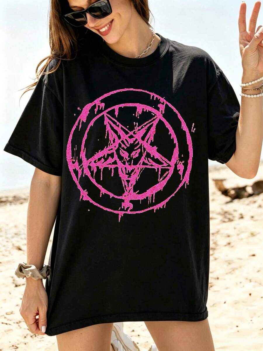 Pink Pentagram Baphomet T-Shirt 100% Cotton For Women Summer Gothic Oversized Graphic Short Sleeve Top - 黑色 - 查看 1