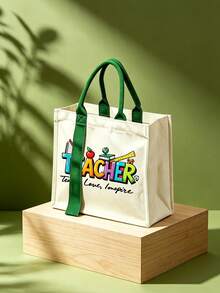 Vintage Green Ribbon Handbag With "Teacher" Letter Element And Tassel Mini Makeup Bag. Gift For Teachers, Teacher Letter Pattern, Matching Mini Storage Bag - Daily Commute, Shopping, Spring Outing, Travel Handbag Set, Foldable Handbag Summer Winter Essential Item For Shopping And Daily Use Suitable For Travelers And Teachers Daily Commute, Easter, Mother's Day, Teacher's Day, Spring Summer Gift Vacation And Perfect Choice For Gifting. - Green - View 3