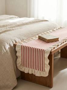 1pc Red & White Striped With Beige Ruffle Edge Table Runner, Natural Rustic Style, Long Rectangular Shape With Ruffle Edge Detail, Decorative Functional Dining Table Runner Suitable For Tea Ceremony Arrangement And Natural Home Decor Scenes - Red - View 6