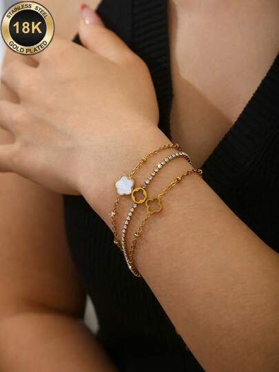 TONSI 1pc Korean Style Minimalist Gentle Luxury 18K Gold Plated Stainless Steel White Mother Of Pearl Five-Leaf Clover, Hollow Four-Leaf Clover With Beads, Full Rhinestone Four-Leaf Flower Fine Chain Mixed Layered Bracelet, Women's Waterproof Non-Fading Geometric Pattern Stackable Jewelry, Suitable For Daily Commute, Date, Birthday Gift