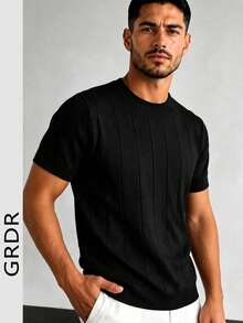GRDR Men's Thin Summer Knit Sweater Solid Color Ribbed Short Sleeve, Sports Casual, Suitable For Outdoor Sports - Black - View 4