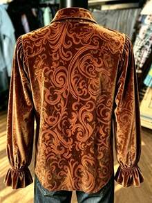 Plus Size Vintage Western Style Velvet Shirt, Baroque Scroll Print Lantern Sleeve Button-Up Blouse, Suitable For Autumn/Winter Daily Wear, Cowgirl Party And Dinner Date - Coffee Brown - View 3