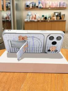 1pc Cute 3 Teddy Bears Print Magnetic Stand Phone Case, Anti-Drop Protective Cover, With Magnetic Stand For Convenient Viewing, Video Calls And More, Soft Girly Style, Perfect Gift For Girls And Students On Birthdays / Daily Occasions, Compatible With IPhone Cases & Galaxy Cases - Silver - View 7