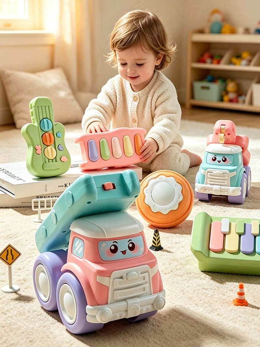 1件可愛嬰兒音樂卡車玩具,附鋼琴/吉他/鼓,1-3歲幼兒早期教育感官摩擦車,ABS材質,優質兒童禮物 - 彩色 - 查看 1