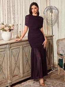 Elegant Women's Charming Long Stand Collar Pleated Chest Formal Evening Gown, Ruffle Flare Skirt, Perfect For Special Occasions - Maroon - View 8