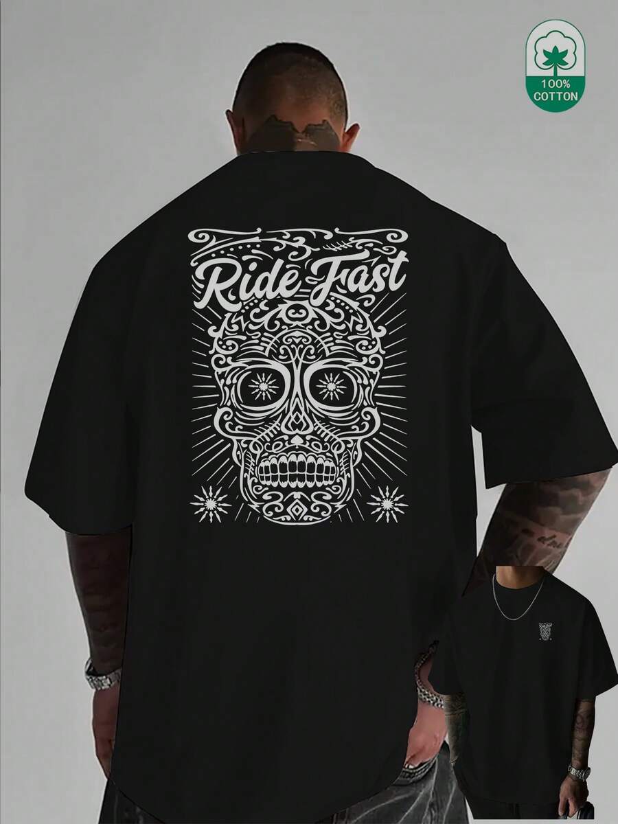 High-Weight Pure Cotton T-Shirt With A Round Neck, Creative Skull Print With Lettering On The Front And Back, Fashion Item. J2D6 - 黑色 - 查看 1