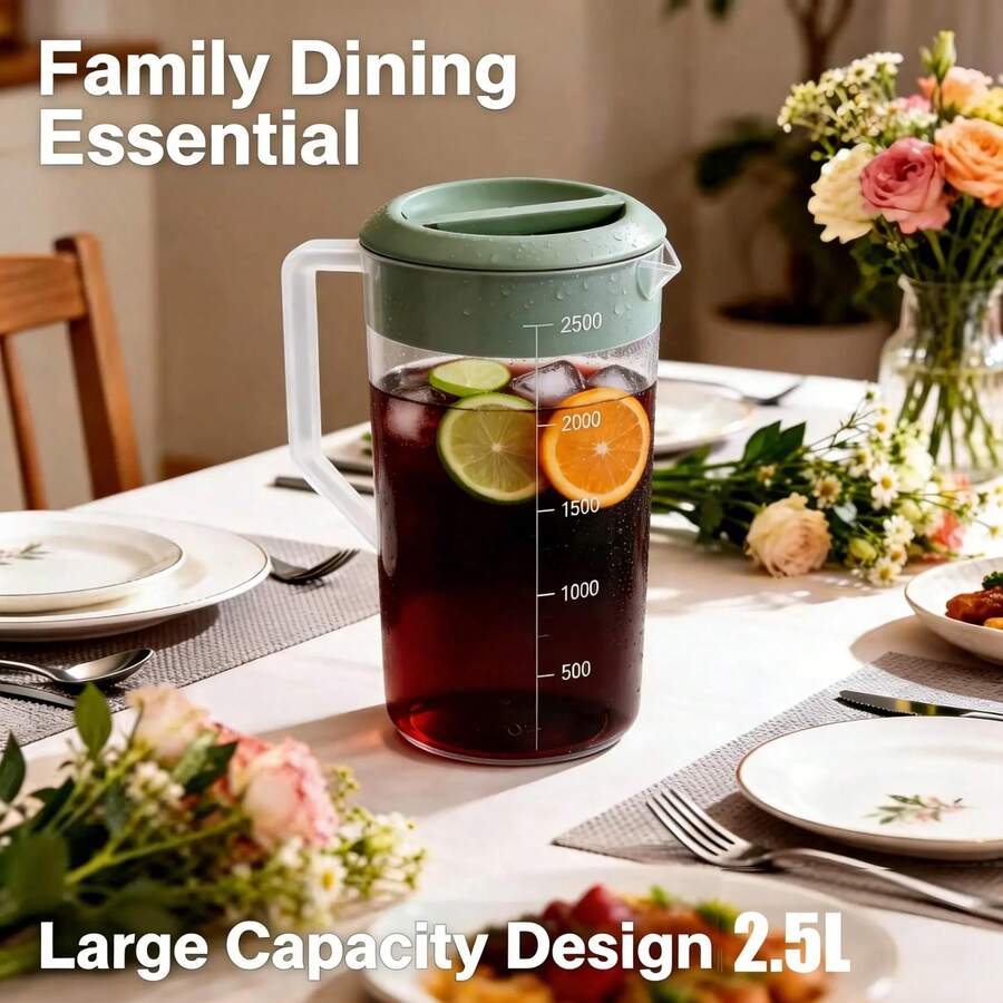 EKWY Jarra Medidora de Plastico 2.5L con Tapa y Asa -Dispensador Transparente para Agua Fria, Jugo, TeHelado y Limonada - Botella Reutilizable conMedidasjarra plastica grande, jarra medidora 2.5litros, dispensador de agua fria, jarra paralimonada, jarra t - Verde - Ver 1