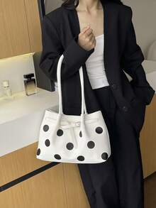女款時尚百搭通勤單肩包，春夏新款大容量托特包，學生適用編織購物大包 - 白色 - 查看 5