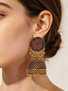 1 Pair Vintage Glamorous Fashion Rhinestone Exaggerated Design Mesh Bell Earrings Women's Versatile Jewelry - Black - View 12