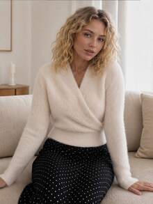 Wrap Cross V Neck Fuzzy Ribbed Waist Cropped Knit Sweater - Apricot - View 7
