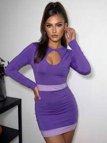 Women Movie Character Fancy Dress Long‑Sleeve Keyhole Neck Contrast Trim Bodycon Mini Dress - Purple - View 3