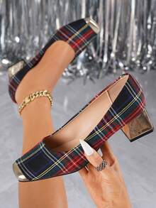 Classic Plaid Square Toe Pumps With 4.5cm Chunky Heel, Comfortable For Walking, Suitable For Various Outfit Styles, Fashionable Women's Shoes - Black - View 2