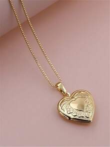 New Nordic Style Vintage Lace Hollow Heart Ribbon Photo Pendant Necklace, Copper Color Photo Box Necklace, Women's Jewelry, Valentine's Day Gift - Gold - View 1