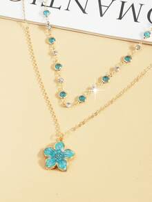 Cool-Toned Double Layer Stacked Necklace For Women, Lake Blue Flower Pendant Design, Niche Exquisite Summer Collarbone Chain - Multicolor - View 2