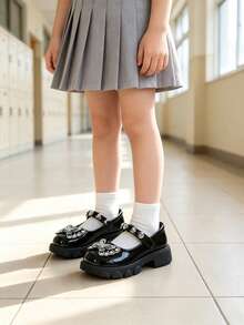 Children's Black Patent Leather Mary Jane Shoes, Girls' Rhinestone Bow Heart Buckle Thick Sole School Shoes - Black - View 4