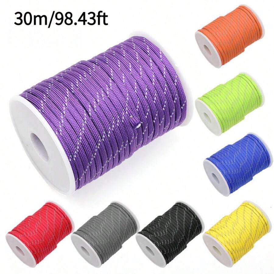 Outdoor Camping 4mm Reflective Paracord, 30m/98.43ft Spool Rope, Camping Tent Setup Rope, Dly Accessory Rope, Applicable To Canopy Tent, Camping Hiking, Camping Essential - Multicolor - View 1