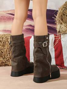 WTKMRSSTEP Women's Thick Sole Height-Increasing Ruched Shaft Boots With Double Buckle Side Zipper Vintage High-Top Riding Boots - Brown - View 5