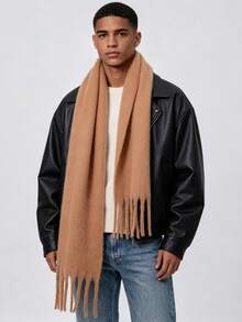 Men's Solid Color Tassel Scarf, Thick Long Neck Warmer, Autumn/Winter Warm Scarf, Street Casual Versatile Accessory For Men - Multicolor - View 2