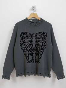 HOMEYEE Women's Autumn/Winter Distressed Skull Jacquard Half-High Neck Sweater, Gray Base With Contrast Color Trim Hem, Loose Lazy Pullover Knit Top For Halloween - Grey - View 7