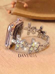 Compatible With Apple Watch Bands / Watch Straps, Women's Style, Iridescent Full Rhinestone Flower Silver Metal Decorative Band, Delicate Slim Adjustable Metal Bracelet, Compatible With Apple Watch 38/40/41/42/44/45/46/49mm, Compatible With Ultra3/2/1/Se/11/10/9/8/7/6/5/4/3/2/1 All Series, Niche Ethereal Luxury Smart Watch Accessory - Silver - View 6