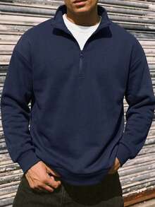 Men's Solid Color Half-Zip Turn Collar Sweatshirt, Minimalist Loose Fit, Autumn/Winter Daily Commute Casual Long Sleeve Pullover - Navy Blue - View 6