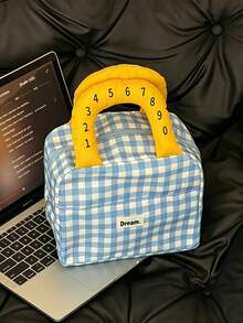 Cute Preppy Style Polyester Square Insulated Lunch Bag, Digital Number Padded Handle, Front Patch Pocket, Zipper Closure Thermal Cooler Pouch, Portable Food Storage Handbag, For Back‑To‑School Office Picnic Daily Outdoor Use - Multicolor - View 11