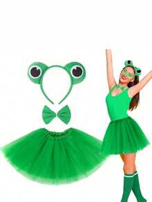 4pcs Or 3pcs Green Cute Costume Set, Includes 3D Headband, Belt And Tail Mesh Chiffon Skirt, Suitable For Birthday Party, Stage Performance And Other Occasions, Halloween - Multicolor - View 10