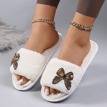 White Rhinestone Butterfly Decor Plush Slip-On Slippers For Women, Delicate Fuzzy House Slippers, Matching Pajamas And Nightgowns, Home, Guest, Bedroom, Photo-Ready Thermal Slippers - White - View 3