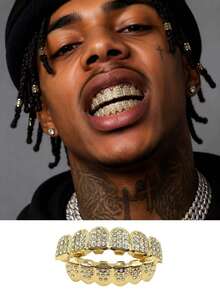 2PCS Gold Grillz Teeth Set,Iced Out Hip Hop Tooth Jewelry With Rhinestone Diamond Design,Shiny Gold Teeth Caps Fashion Accessories For Men Women Party - Multicolor - View 3
