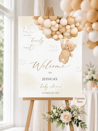 Cartel de Bienvenida Personalizado para Baby Shower - Estilo Tema de Oso de Peluche, Tablero de Visualización de Nombre & Fecha Personalizados, Decoración de Entrada Estilo Globo Beige Neutro (Apto para Niño o Niña), Decoración del Hogar, Decoración de Fiesta, Póster Personalizado