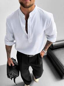 GloMan Men's White Fine Striped Stand Collar Henley Half-Placket Long Sleeve Polo Shirt, Suitable For Summer/Autumn Vacation, Business, Street, Office Commute, Boyfriend Style - Blue and White - View 5
