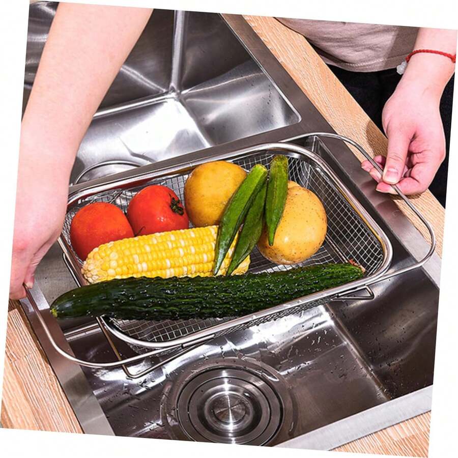Rectangular Fruit And Vegetable Washing Basket Stainless Steel Draining Basket Sink Strainer For Kitchen Versatile Reusable Food Strainer For Washing Fruits Vegetables And Pasta Space-Saving Design - View 1