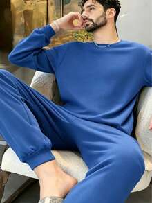 2PCS Men's Spring/Autumn Thin Long Sleeve Long Pants Casual Lazy Minimalist Pajamas - Blue - View 5