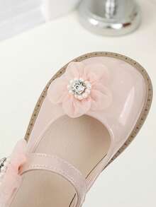 Girls' Pastoral Floral Bow Princess Mary Jane Shoes, Hook And Loop Soft Sole Shiny Patent Leather Shoes - Pink - View 6
