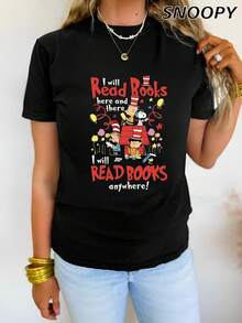 Women's Short-Sleeved Crew Neck Shirt With Snoopy Print I WILL READ BOOKS READ BOOKS - Black - View 3