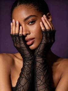 Halloween Sheer Mesh Spider Web Arm Sleeves - A - View 2