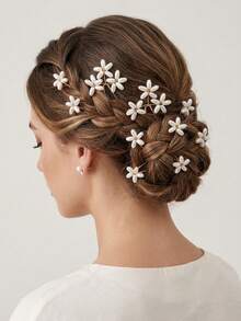 10pcs Elegant Faux Pearl Flower U-Shaped Hair Pin Set, Metal Hand-Woven Bridal Updo Hair Clips, Sweet Women's Headpiece For Party Wedding, Metal Wire Woven Faux Pearl Flower Hair Pins, Daily/Party Hair Accessories - Gold - View 11