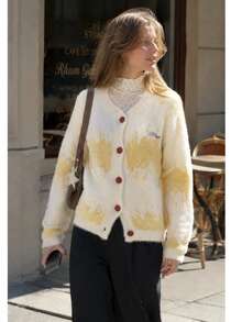 New Women's Casual Minimalist Youthful Style Fuzzy Round Neck Cardigan Sweater Jacket, Spring Autumn Winter - Beige - View 2