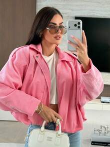 Jaket Penerbangan Wanita Warna Pink Bergaris, Bahan Poliester, Lengan Panjang, Kerah Berlipat, Panjang Standar, Potongan Longgar Kasual, Detail Patchwork - Berwarna merah muda - View 7