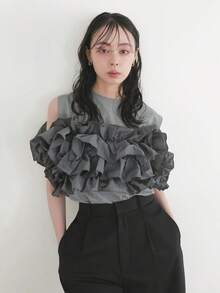 Women Round Neck Sleeveless Ruffle Top Layered 3D Frill Patchwork Cotton Tee Shirt Elegant Chic Summer Party Blouse Solid Color - Grey - View 9