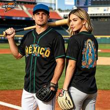 Unisex Mexico Baseball Jersey Our Lady Of Guadalupe 3D Print Stitching Button Front Short Sleeve Baseball Shirt - Black - View 2